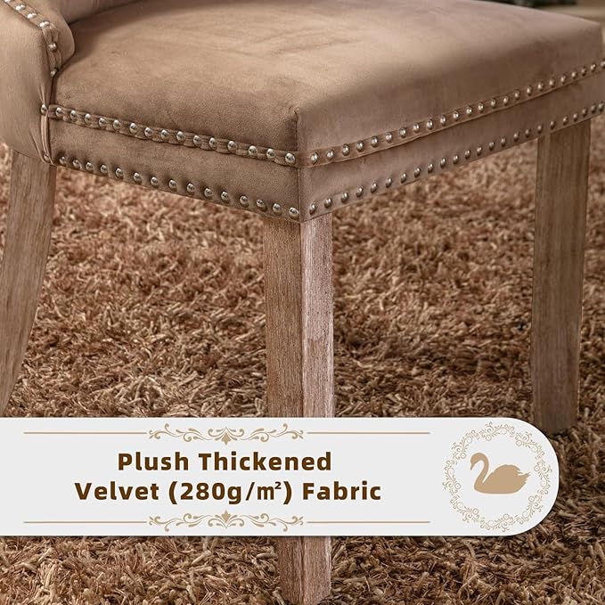 Velvet Upholstered Dining Chairs Set of 2, Modern Style Kitchen Side Chairs with Nailhead Trim and Wood Legs,Metal Pulling Ring for Dining Room Living Room(Khaki)