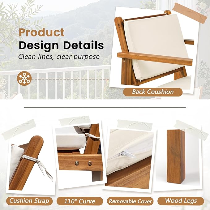 Flamaker Patio Chairs 3 Piece Acacia Wood Patio Furniture with Coffee Table & Cushions Outdoor Conversation Set Balcony Chairs for Porch, Deck, Backyard