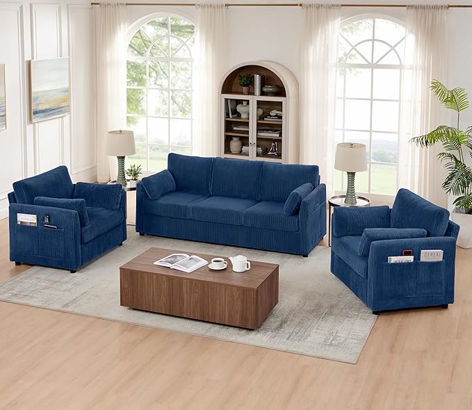 Sofa Set for Living Room Corduroy Couch Sets 3 Seater and Single Chair, Sofas for Apartment and Small Spaces (Blue, Sofa Set)