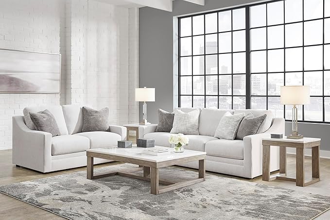 Signature Design by Ashley Maitelynn Contemporary Sofa with Accent Pillows, Reversible Cushions and Sloped Arms, Light Gray