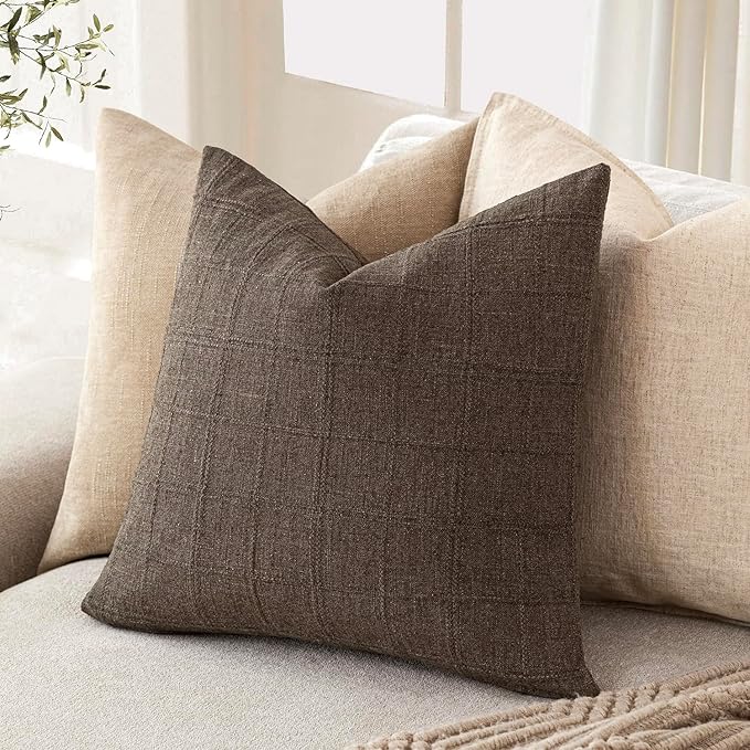 Foindtower Set of 2 Decorative Linen Check Throw Pillow Covers Neutral Farmhouse Vintage Cushion Covers Modern Boho Home Decor for Sofa Chair Couch Bedroom Living Room,22×22 Inch,Dark Brown