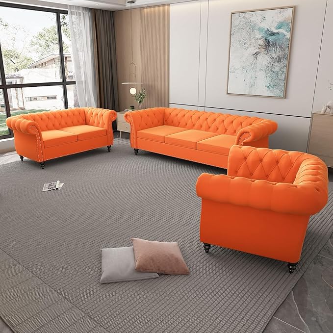 Living Room Chair, Modern Velvet Chesterfield Sofa Chair, Mid Century Single Sofa Couch Chair with Tufted Back and Rolled Arms, Accent Sofa Chair for Living Room Apartment, Orange