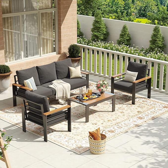 Aoxun Aluminum Patio Furniture Set 5 Seats, Oversized Outdoor Sectional with Washable Thick Cushions, Coffee Table, Patio Conversation Sets for Porch, Balcony, Deck