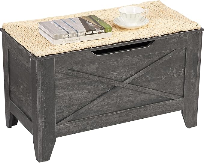 VECELO 30" Storage Bench, Entryway Shoe Ottoman, Farmhouse Style Bench with Handwoven Cushion and Metal Safety Hinges, for Bedroom, Living Room, Entryway, Gray