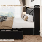 SHA CERLIN King Size Bed Frame with 3 Drawers, USB & Type-C Charging Ports, Velvet Upholstered Platform Bed with Modern Geometric Wingback Storage Headboard, No Box Spring Needed, Easy Assembly, Black