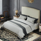 Full Size Bed Frame with Headboard, 56" Upholstered Platform Bed with Nailhead Trim, Soft Boucle Fabric, No Box Spring Needed, Easy Assembly, Cream