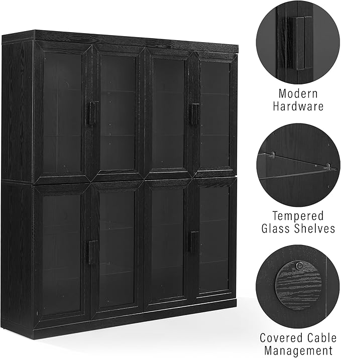 Crosley Furniture Essen 2-Piece Glass Door Kitchen Pantry Storage Cabinet Set, Living Room, Entryway, Black