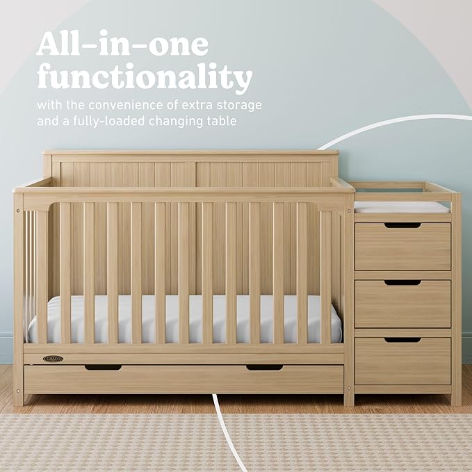 Graco Hadley 5-in-1 Convertible Crib & Changer (Driftwood) – GREENGUARD Gold Certified, Fits Standard Crib Mattress, Converts to Toddler Bed and Full Bed, 4 Adjustable Mattress Heights