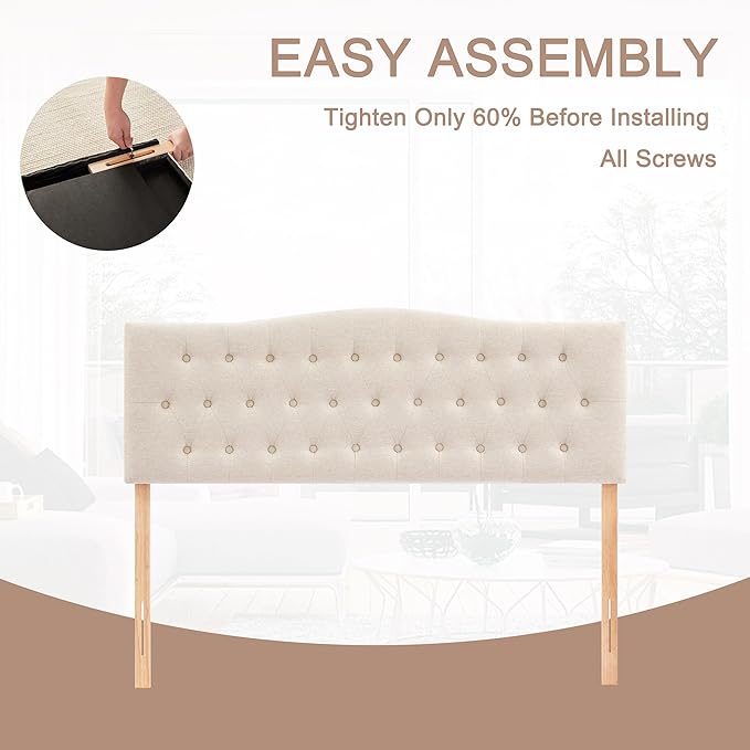 Tufted Upholstered Headboard King Size, Sturdy and Durable Solid Wood Bed headboard, Fabric Headboard Adjustable Height from 37” to 51”, Modern Button Diamond Design Head Board, Beige