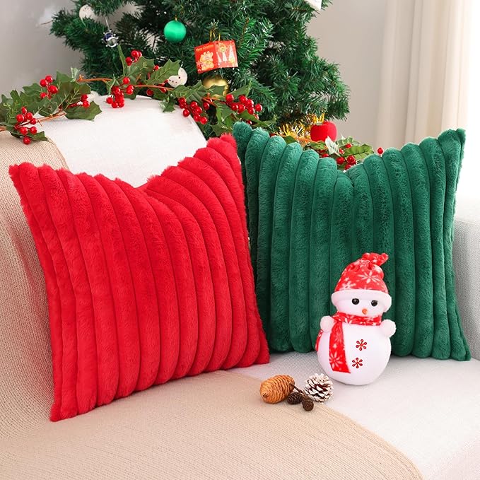 Pallene Faux Fur Plush Christmas Throw Pillow Covers 16x16 Set of 2, Luxury Soft Fluffy Striped Decorative Pillow Covers for Sofa, Couch, Living Room, Christmas Green