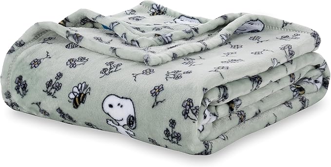 Berkshire Blanket Peanuts® VelvetLoft® Cute Character Snoopy Plush Blanket,Peanuts Snoopy & Woodstock New Flower and Bees Sage,Twin 60 in x 90 in (Official Peanuts® Product)