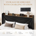 SHA CERLIN King Size Bed Frame with 3 Drawers, USB & Type-C Charging Ports, Velvet Upholstered Platform Bed with Modern Geometric Wingback Storage Headboard, No Box Spring Needed, Easy Assembly, Black