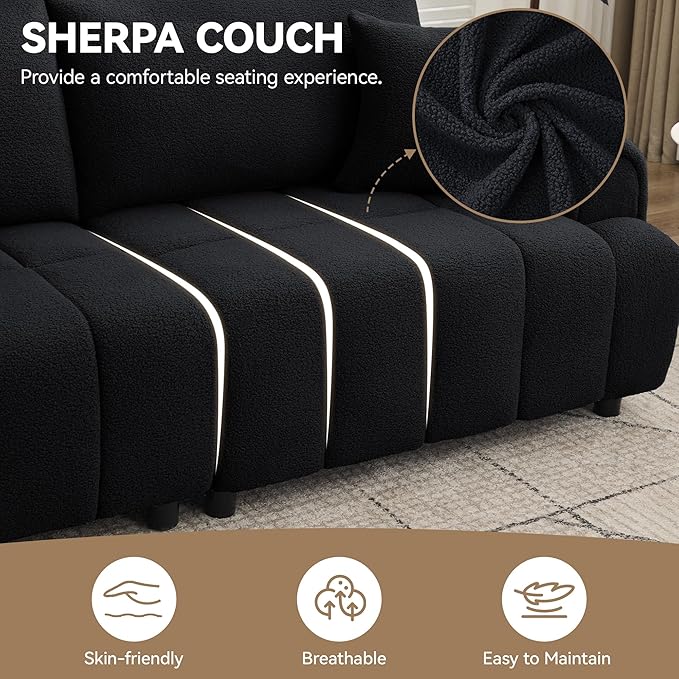 88 "Modern Boucle Sofa Couch, Oversized Comfy 3 Seater Sherpa Curved Sofas Deep Seat, Upholstered Loveseat Teddy Round Arm Couches for Living Room, Bedroom, Black