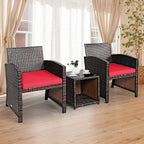 COSTWAY 3 Pieces Patio Furniture Sets, Outdoor Rattan Conversation Set with Tempered Glass Tabletop and Soft Cushion, Wicker Cushioned Chair Sofa for Backyard, Porch, Poolside, Lawn, Red