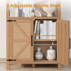 5 Tier Bookshelf 70" Rattan Boho Tall Bookcase with Barn Doors,Large Farmhouse Display Book Shelf with Adjustable Shelves and Storage Cabinet，Wood Bookshelves for Living Room,Kitchen,Natural