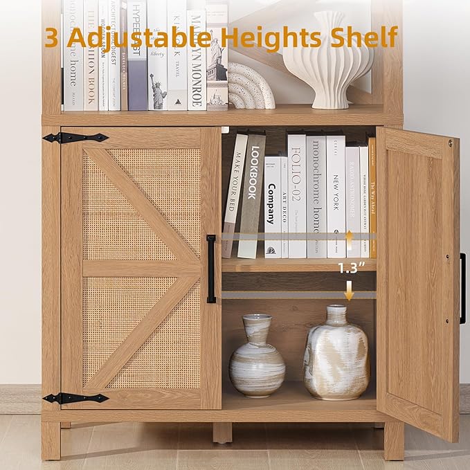 5 Tier Bookshelf 70" Rattan Boho Tall Bookcase with Barn Doors,Farmhouse Display Book Shelf with Adjustable Shelves and Storage Cabinet,Wood Bookshelves for Living Room,Kitchen,Natural (3PCS)
