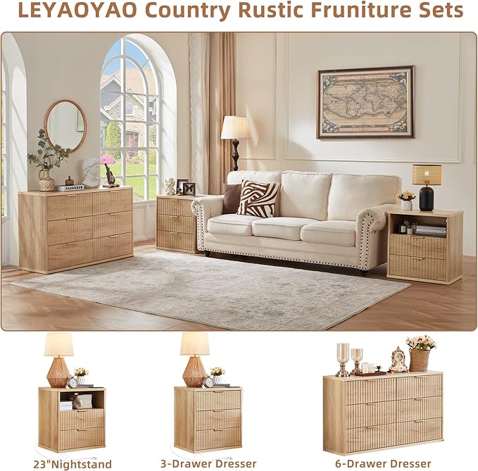 LEYAOYAO Fluted Farmhouse Nightstand Set of 2 with Charging Station, 23" Wide 2 & 3 Drawers Large End Table with Metal Handle, Natural Night Stand Bedside Table, Wood Dresser for Bedroom,Closet