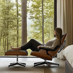 Top Black PU Leather, Mid Century Chaise Lounge Chair and Ottoman, Modern Chair Classic Design, Walnut Wood, Heavy Duty Base Support for Living Room Office