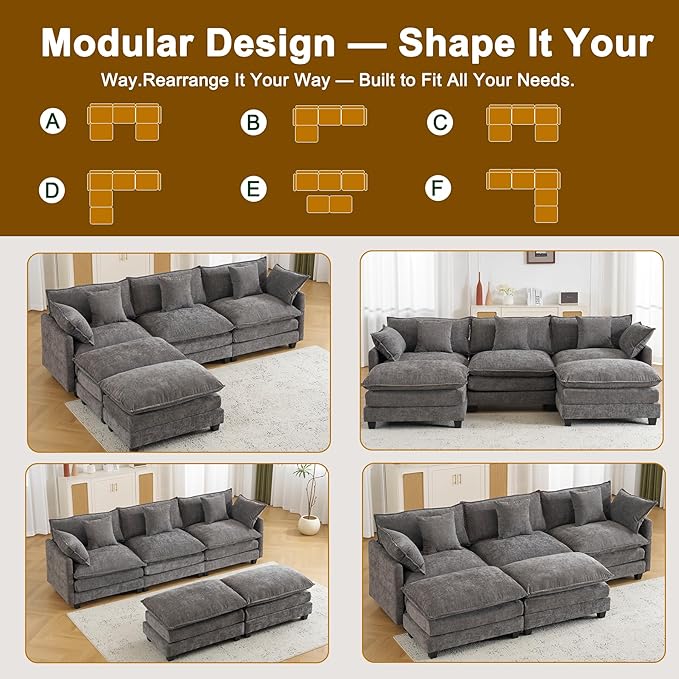 111.4" Cloud Chenille Sectional Sofa 3+2｜Modular 5-Seat Couch with Connector｜FSC Solid Wood Frame｜29.1" Deep Seat｜1YR Comfort Guarantee