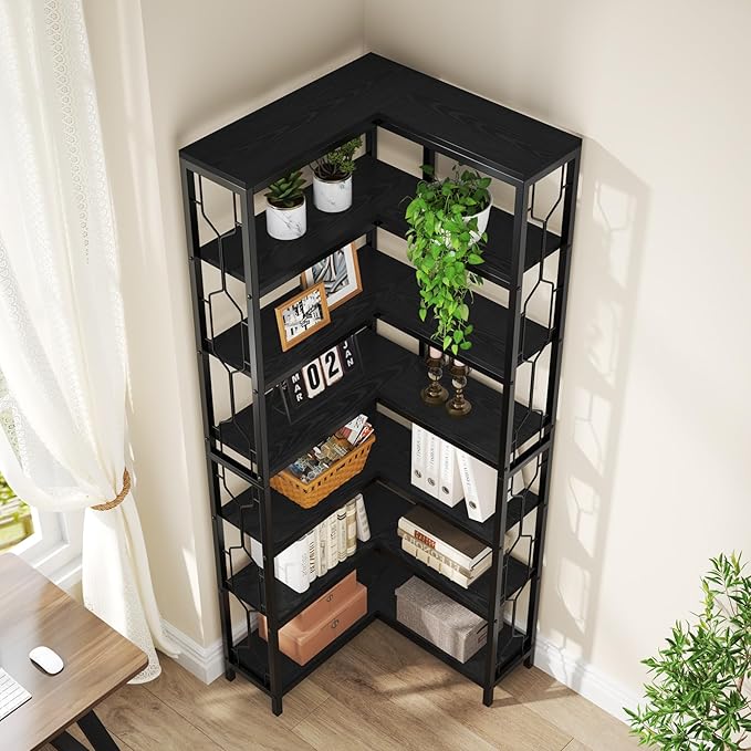 Tribesigns Corner Shelf, 7-Tier Industrial Corner Bookshelf, Wood and Metal Corner Etagere Bookcase, Freestanding Display Shelf for Living Room, Kitchen, Home Office, Black