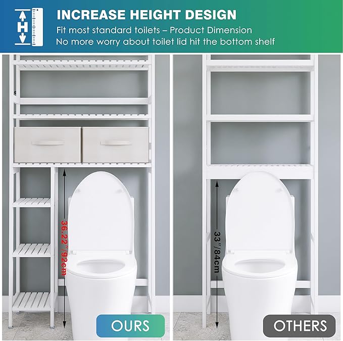 SMIBUY Over The Toilet Storage with Drawers, Large Bathroom Space Saver Organizer Rack, Freestanding Behind Toilet Stand with 6-Tier Shelf and Waterproof Feet Pad for Restroom, Laundry (White)