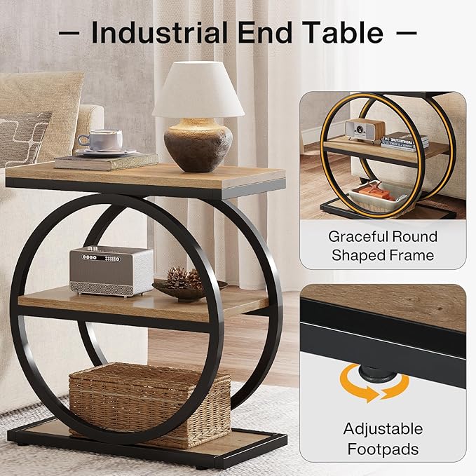 Tribesigns Side End Table with 3 Storage Shelves Set of 2, Industrial Sofa Table with Round Metal Frame for Living Room, Engineered Wood Nightstand for Bedroom, Oak