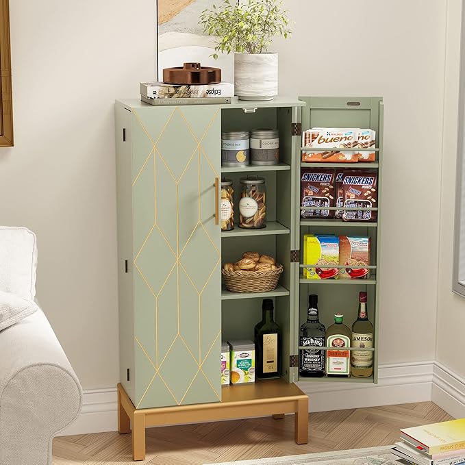 ARTPOWER 45'' Kitchen Pantry Cabinet, 4 - Layer Storage Cupboard with Adjustable Shelves for Storage Cabinet Pantry, Food Pantry Cabinet for Kitchen, Dining Room and Living Room,Gold Legs, Green