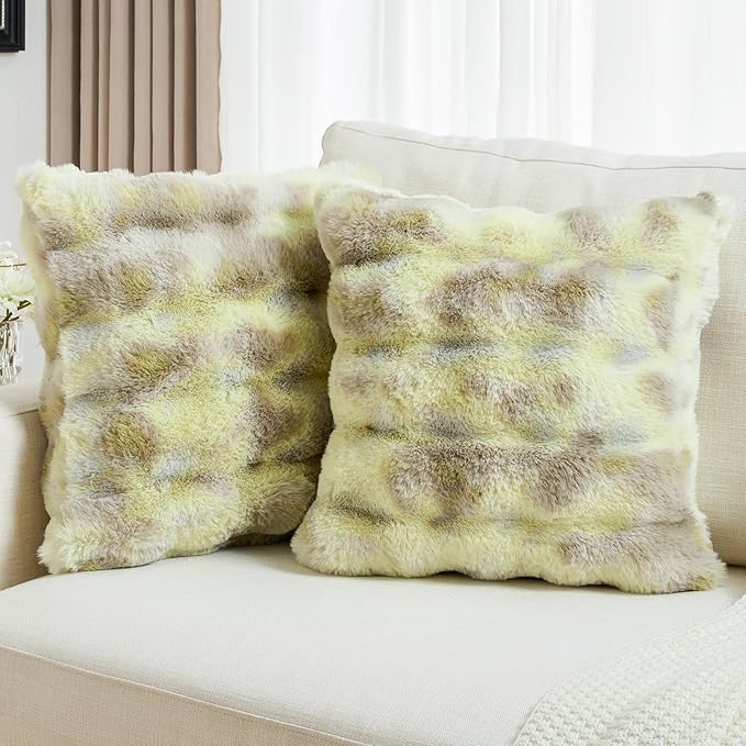 FUTEI Green White Decorative Throw Pillow Covers 22x22 Inch Set of 2,Soft Fuzzy Faux Rabbit Fur Cushion Covers with Raised Texture,Neutral Boho Home Decor for Couch Bed Living Room