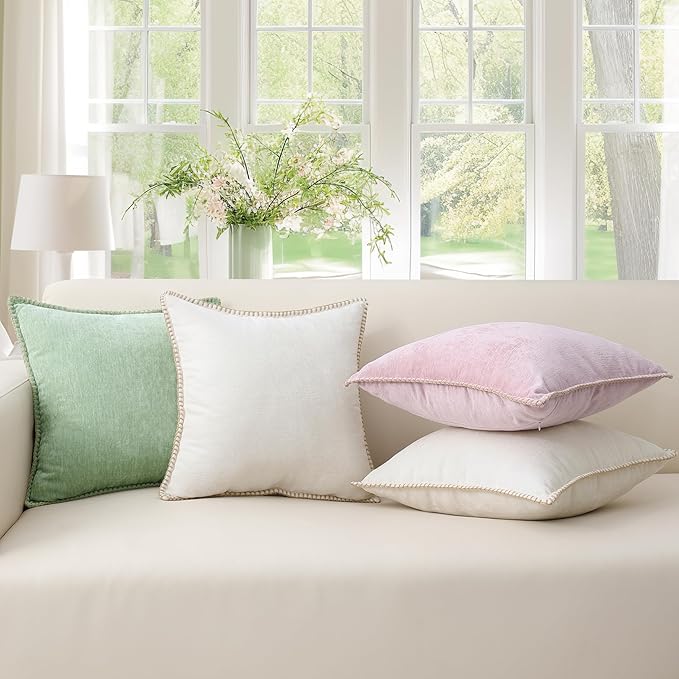 decorUhome Christmas Chenille Soft Throw Pillow Covers 20x20 Set of 2, Farmhouse Velvet Neutral Decorative Euro Pillow Covers with Stitched Edge for Couch Sofa Bed Home Decor, Sage Green