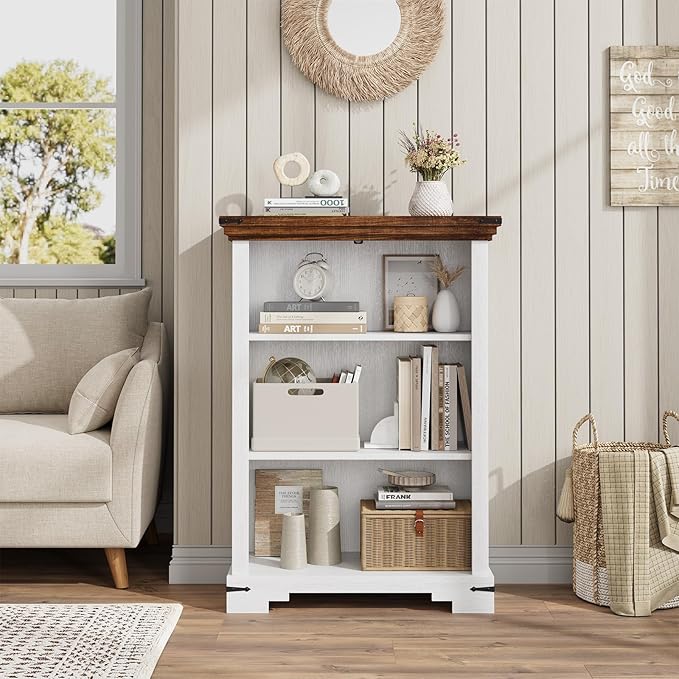 3-Tier Farmhouse Bookshelf, Book Shelf with Open Storage & One Adjustable Shelf, 9.8" D x 26" W x 38" H, Wooden Bookshelf for Study Room, Living Room, Kitchen, Bedroom (White)