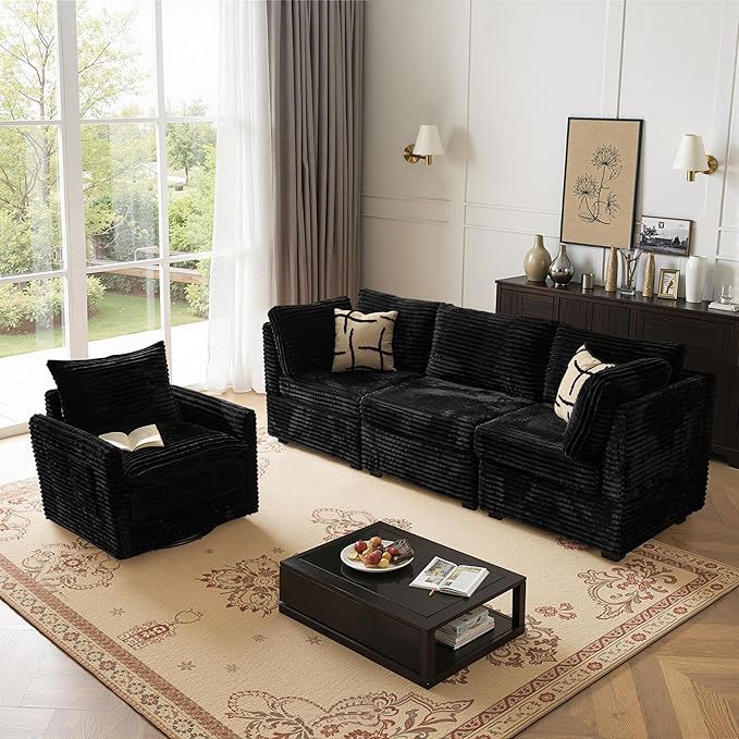 98" Modular Sectional Sofa Set with Swivel Chair, Modern Cloud Couch Plush Corduroy 3 Seater Deep Seat Sofas with Accent Armchair for Living Room Small Space, Black