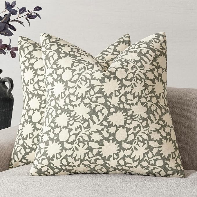 Foindtower Set of 2 Decorative Neutral Floral Throw Pillow Covers Accent Farmhouse Cushion Covers Boho Vintage Pillowcase for Couch Sofa Bedroom Living Room Home Decor,22×22 Inch,Sage Green