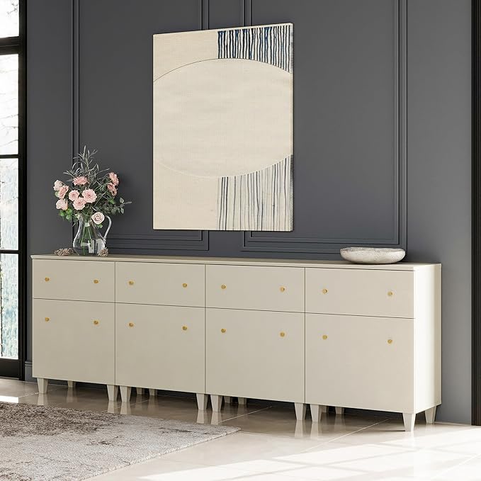 WAMPAT 4-in-1 Storage Cabinets for Living Room, 94.4" Sideboard with Drawers and Doors, Modern Beige Accent Cabinets with Adjustable Shelves for Dining Room, Hallway, Bedroom, 4 Packs