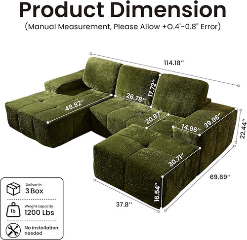 114" Glitter Cloud Sectional Couch with L-Shape Chaise & Ottoman, Modern Boneless Couches for Living Room, Fluffy Tufted Deep Seat Modular Sofa No Assembly (Green Sparkly Velvet,Left Facing)