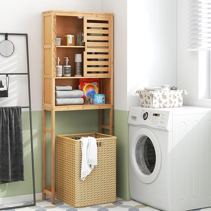 Tangkula Over The Toilet Storage Cabinet, Bamboo Bathroom Space Saver with 2 Doors, Adjustable Bottom Bar, Open Shelf, Freestanding Bathroom Cabinet Organizer Above Toilet for Restroom, Laundry Room