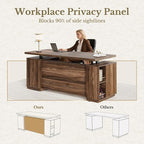 70" Standing Desk with Storage, Executive Electric Height Adjustable Stand Up Desk with AC/USB, Privacy Panel, Large One-Piece Destop, Fluted Computer Desk, Black Walnut