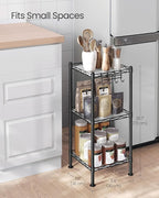 SONGMICS 3-Tier Bathroom Shelf, Storage Rack for Small Space, with 3 PP Shelf Liners, Removable Hook, Extendable Design, Ink Black and Translucent ULGR103B01
