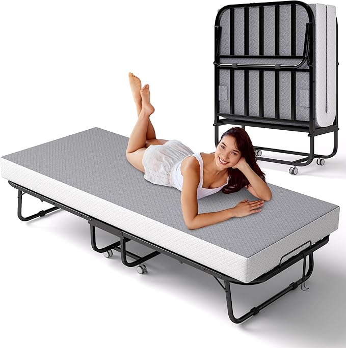 Folding Bed with Memory Foam Mattress, Portable Rollaway Guest Beds on Wheels, 75"x31" Twin Size Space-Saving Cot-Size Bed for Adults with Easy Assembly Metal Frame (Grey)