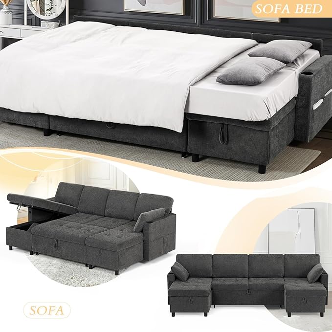 110" Fabric Pull-Out Couch Bed w/Adjustable Backrests, Sectional Sleeper Sofa w/USB Ports & 2 Cup Holders, Upholstered U-Shaped Couch w/Storage Chaise for Living Room, House, Grey
