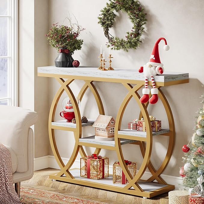 Tribesigns 39.4" Console Table, Industrial 4-Tier Sofa Table Entryway Table with Storage Shelves, Narrow Wood Accent Tables with Metal Frame for Small Spaces, Hallway, Foyer, White Gold