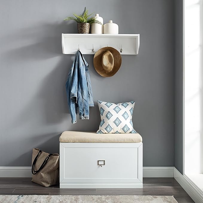 Crosley Furniture Harper 2-Piece Entryway Set with Shoe Rack Storage Bench and Wall Shelf with Coat Hooks, White