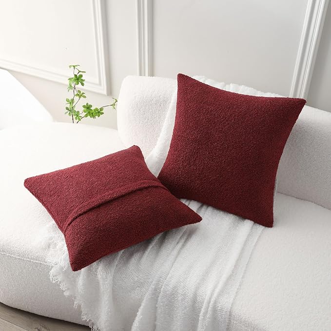 FUTEI Pack of 2 Burgundy Decorative Throw Pillow Covers 18x18 Inch Soft Cozy Solid Boucle Textured Cushion Case,Modern Home Decor for Couch Bed Living Room