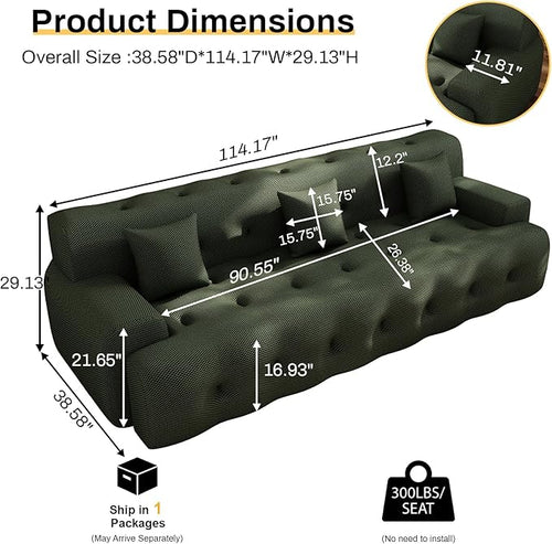 114'' Oversized Sectional Couches for Living Room Boneless Modular Sectional Sofa Plush Cloud Modular Couch Modern Sectionals with Deep Seat, No Assembly Required, 3 Seater, Green