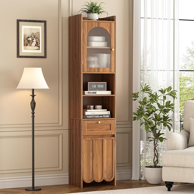 Maupvit 68” Tall Bathroom Storage Cabinet, Narrow Freestanding Cabinet with Fluted Glass Door and Drawer, 3-Tier Adjustable Shelves, Wave-like Panel, 14.9" Wide for Small Space, 8 Compartments, Walnut