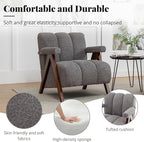 Mid Century Modern Accent Chair with Solid Wood Frame, Boucle Upholstered Living Room Chairs with Thick Cushion, Comfy Tufted Arm Chair for Bedroom, Grey