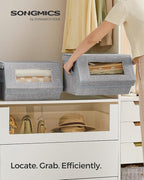 SONGMICS Stackable Storage Bins Set of 2, Storage Boxes with Lids and Front Windows, Non-Woven Fabric Closet Organizers with Magnetic Closures, Side Handles, Dove Gray URLB002W01