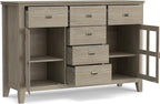 SIMPLIHOME Artisan Buffet - 54 inch Wide Solid Wood 3-Door Sideboard Buffet in Distressed Grey, Transitional Storage Cabinet for Dining Room or Kitchen with Adjustable Shelves and Bronze Hardware