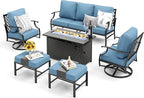 Patio Furniture Set, 6 Pcs Metal Outdoor Conversation Set, 2 Swivel Chairs, 2 Ottomans and 3 Seater Sofa with 5.75" Extra Thick Cushion and Gas Fire Pit Table, Navy Blue