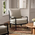 Morden Fort Linen Fabric Spindle Accent Chair with Wood Frame, French Style Accent Chairs with Padded Spring Seat and Armrest Pads, Brushed Base for Living Room Bedroom Farmhouse Office Balcony