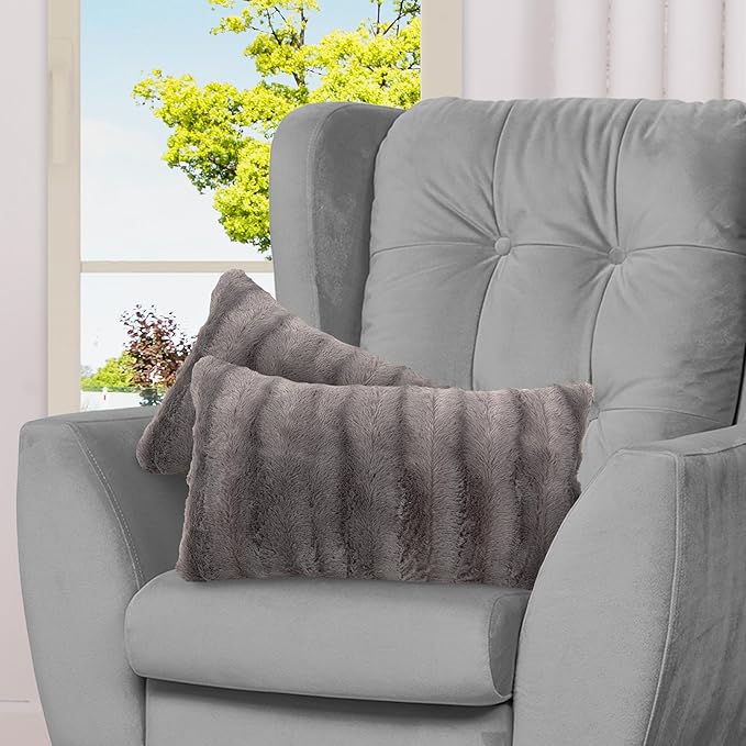 Cheer Collection Faux Fur Throw Pillows - Decorative Pillows for Couch, Bed Throw Pillows, Grey Accent Pillows for Bedroom or Living Room Aesthetic, Set of 2 Furry Throw Pillows, 12" x 20"